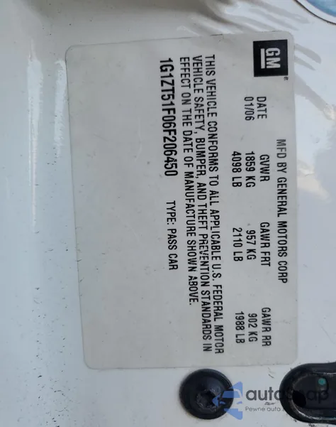 2006 Chevrolet Malibu Lt из США, поврежденный, VIN 1G1ZT51F06F206450